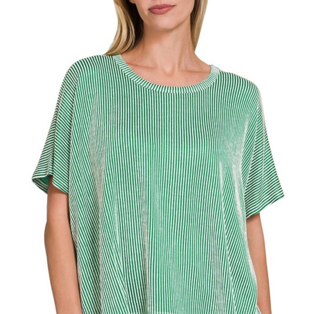 Zenana Outfitters Green Ribbed Relaxed T-Shirt‎